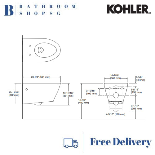 Kohler Reach Wall Hung Toilet K-32125R with Cistern Wall Brackets and Flush Plate Bundle Set