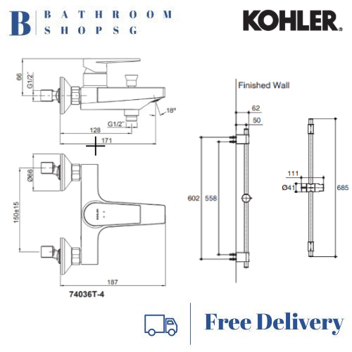 Kohler Taut Wall Mount Bath Mixer K-74036T with Rainjoy Slide Bar Hose Hand Shower Full Set