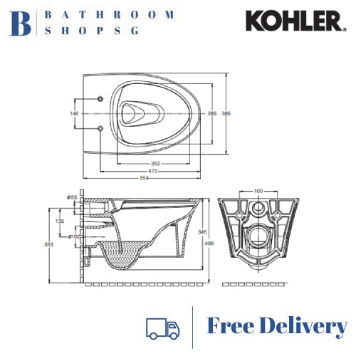 Kohler Veil Wall Hung Toilet K-5723K with Cistern Wall Brackets and Flush Plate Bundle Set