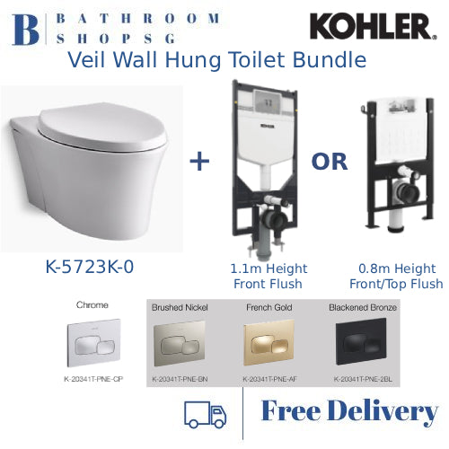 Kohler Veil Wall Hung Toilet K-5723K with Cistern Wall Brackets and Flush Plate Bundle Set