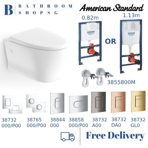 American Standard Loven Elegant White Wall-Hung Toilet with Rapid SL Wall Brackets and Grohe Flush Plate Bundle - 1013962080