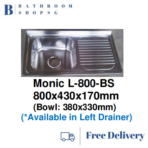 Monic L-800-BS Wall mount Stainless Steel Single Bowl with Drainer Kitchen Sink