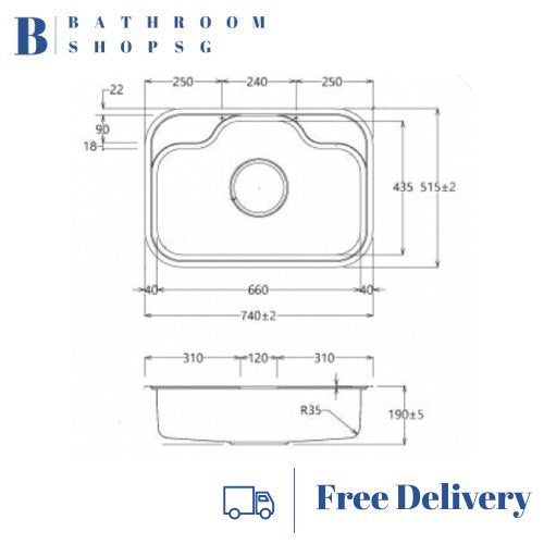 Monic K-740 Korean-Made Stainless Steel Single Bowl Kitchen Sink