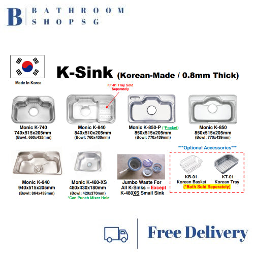 Monic K-840 Korean-Made Stainless Steel Single Bowl Kitchen Sink