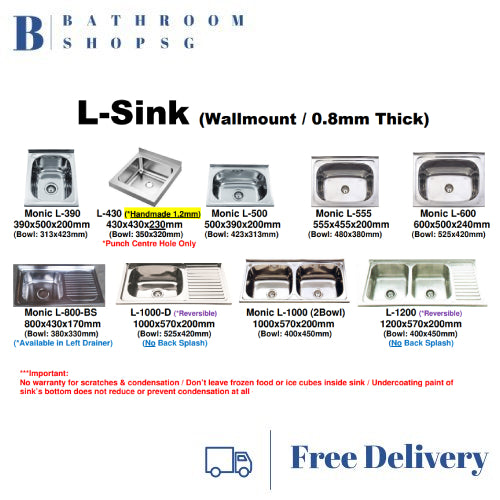 Monic L-600 Wall mount Stainless Steel Single Bowl Kitchen Sink