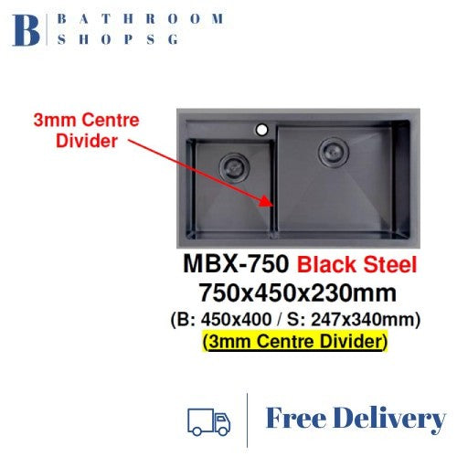 Monic MBX-750 Black Steel Undermount Double Bowl Kitchen Sink