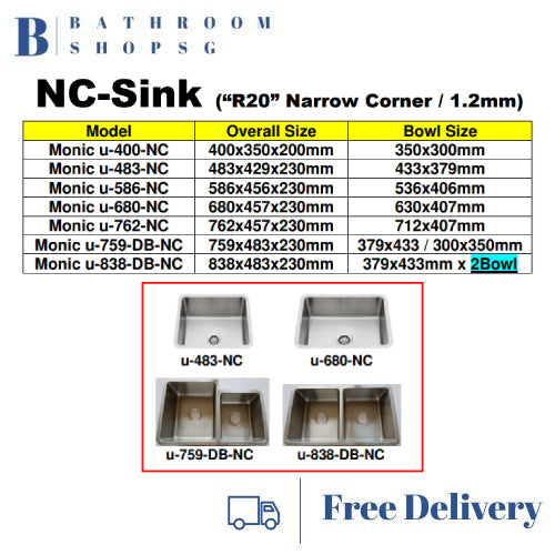 Monic u-586-NC Stainless Steel Under mount Single Bowl Narrow Corner Kitchen Sink