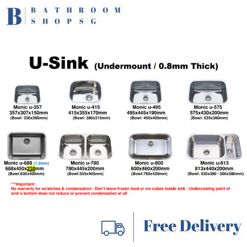Monic U-800 Stainless Steel Under mount Single Bowl Kitchen Sink
