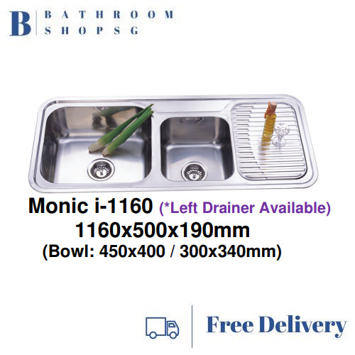 Monic i-1160 Stainless Steel Inset Mount Double Bowl with Drainer Kitchen Sink
