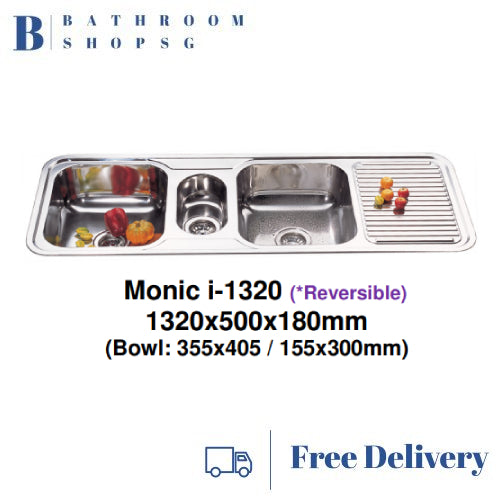 Monic i-1320 Stainless Steel Inset Mount Reversible Double Bowl with Drainer Kitchen Sink