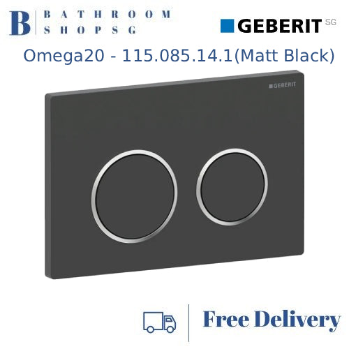 Geberit Omega 20 Actuator 115.085.14.1 | Matt Black Plate & Button Chrome Ring Toilet Flush Plate