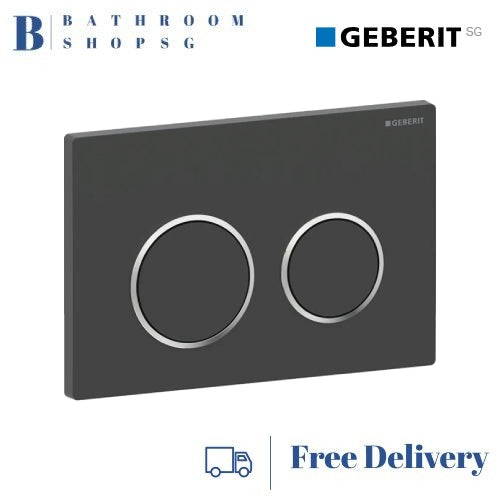 Geberit Omega 20 Actuator 115.085.14.1 | Matt Black Plate & Button Chrome Ring Toilet Flush Plate