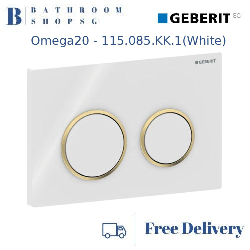 Geberit Omega 20 Actuator Plate 115.085.KK.1 | White Plate and Button with Gold Ring Toilet Flush Plate