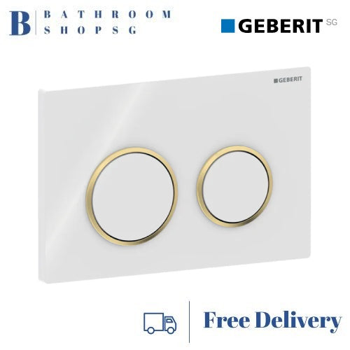 Geberit Omega 20 Actuator Plate 115.085.KK.1 | White Plate and Button with Gold Ring Toilet Flush Plate