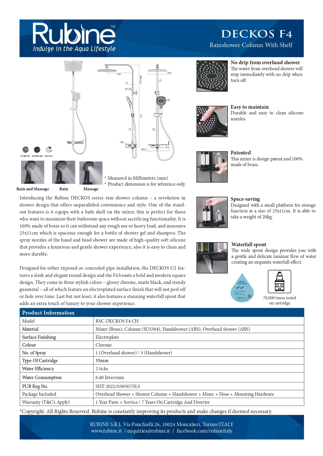 Rubine DECKOS F4 Square Rainshower Column with Shelf RSC-DECKOS-F4 Chrome | Gun Metal Rainshower Set