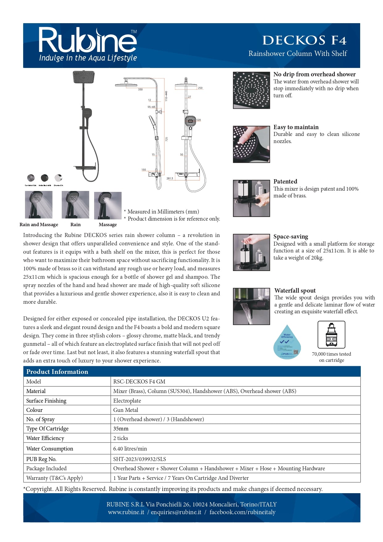 Rubine DECKOS F4 Square Rainshower Column with Shelf RSC-DECKOS-F4 Chrome | Gun Metal Rainshower Set