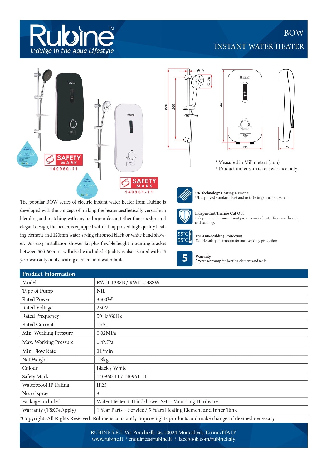 Rubine RWH-1388 Electric Instant Water Heater 1388B Black | 1388W White