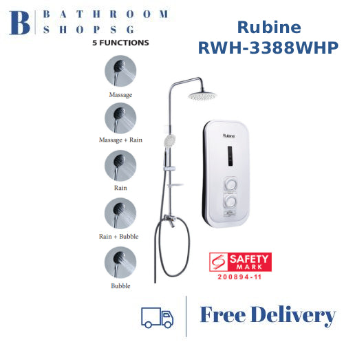 Rubine RWH-3388 Electric Instant Water Heater with Built-in DC Booster Pump & Rainshower