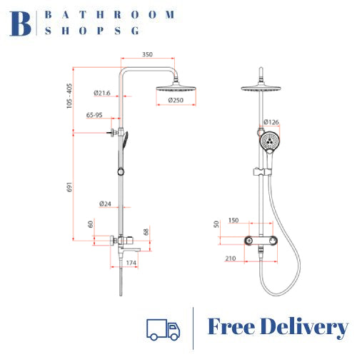 Rubine PUSHSTOP Round Rainshower Set RSC-PUSHSTOP-R61BK Matt Black