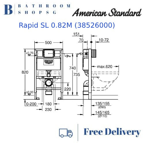 American Standard Acacia Supasleek WH Toilet CL31197 Bundle with Grohe Rapid SL Brackets Cistern and Flush Plate Set