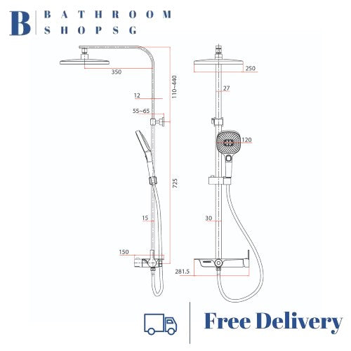 Rubine DECKOS F4 Square Rainshower Column with Shelf RSC-DECKOS-F4 Chrome | Gun Metal Rainshower Set