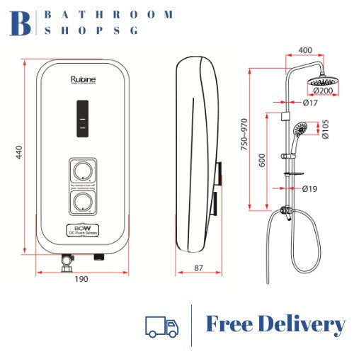 Rubine RWH-3388 Electric Instant Water Heater with Built-in DC Booster Pump & Rainshower