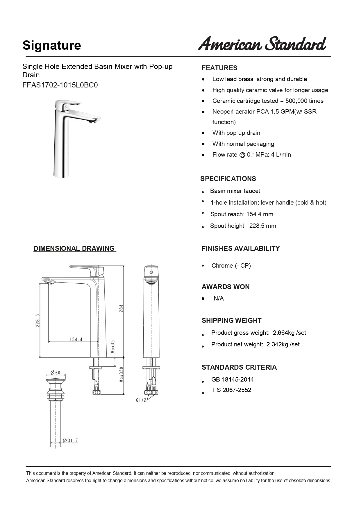 American Standard Signature Extended Basin Mixer With Pop-up Drain FFAS1702-1015L0BC0