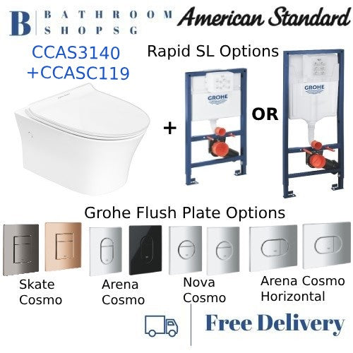 American Standard Signature Wall Hung Toilet CCAS3140 with Grohe Rapid SL Wall Brackets and Grohe Flush Plate Bundle