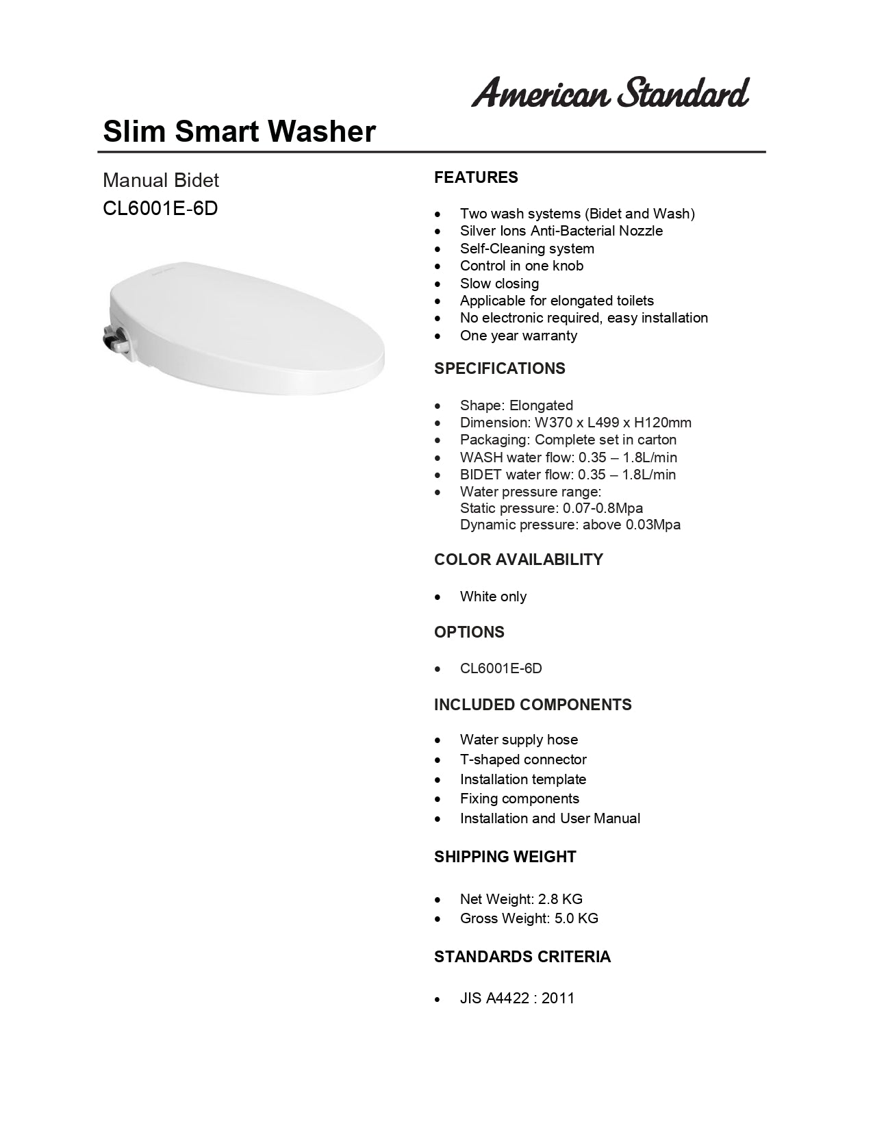 American Standard Slim Smart Washer Manual Bidet CL6001E