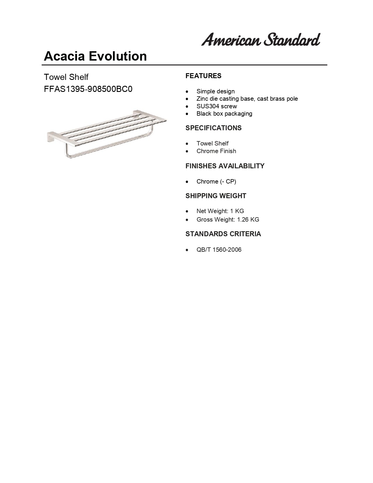 American Standard Acacia E Towel Shelf FFAS1395-908500BC0 Bathroom Accessories