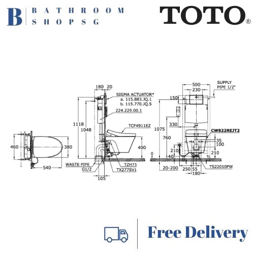 TOTO CW822REJT2 Wall Hung Rimless Toilet bundle with Washlet TCF24460AAA Electric Bidet Seat