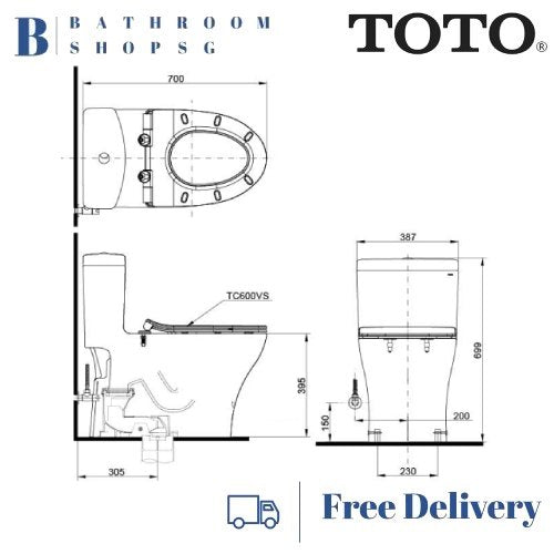 TOTO C889 One Piece Rimless Toilet Bowl with Ecowasher TCW1211A Manual Bidet Seat