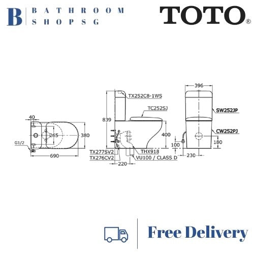 TOTO Hayon Rimless Tornado Flush Close Coupled Toilet Bowl CW252PJ