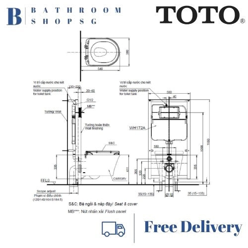 TOTO CW553A Wall Hung RimlessToilet Bowl bundle with TCF34320GAA Washlet S5 Electric Bidet Seat