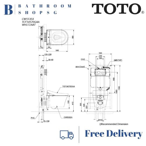 TOTO CW553 Wall Hung Rimless Toilet Bowl with TCF34570GAA Washlet S5 Electric Bidet Seat
