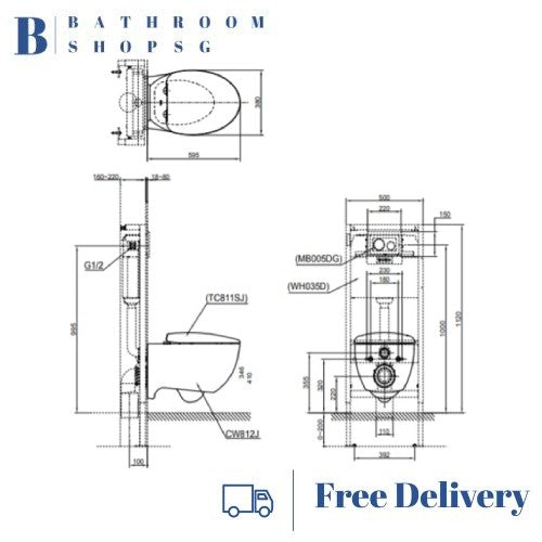 TOTO Le Muse CW812RJT2 Wall Hung Toilet Bowl with TCW08S Ecowasher Manual Bidet Seat