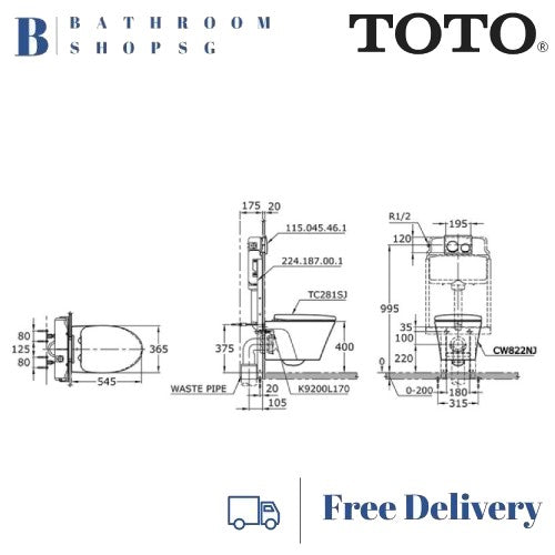 TOTO AVANTE Wall Hung Wash Down Toilet Bowl CW822NJ