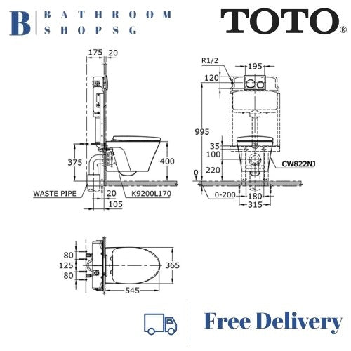 TOTO AVANTE Wall Hung Rimless Tornado Flush Toilet Bowl CW822REJT2WS with Washlet TCF24410AAA