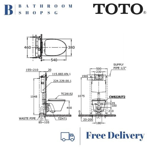 TOTO CW822RJT2 Wall Hung Toilet Bowl with Ecowasher TCW1211A Manual Bidet Seat