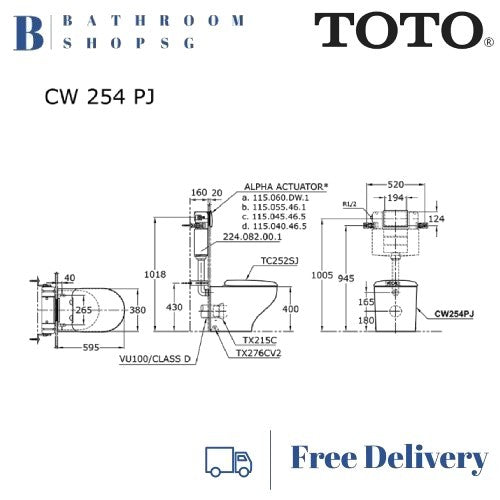 TOTO Hayon Wall Faced Rimless Tornado Flush Toilet Bowl CW254PJ