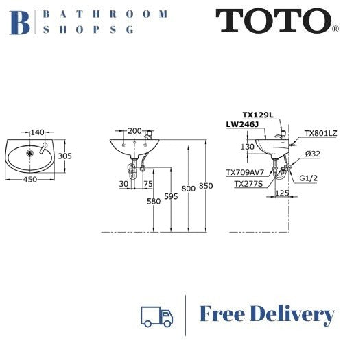 TOTO Wall Hung Counter Lavatory LW246J | Toto Wash Basin