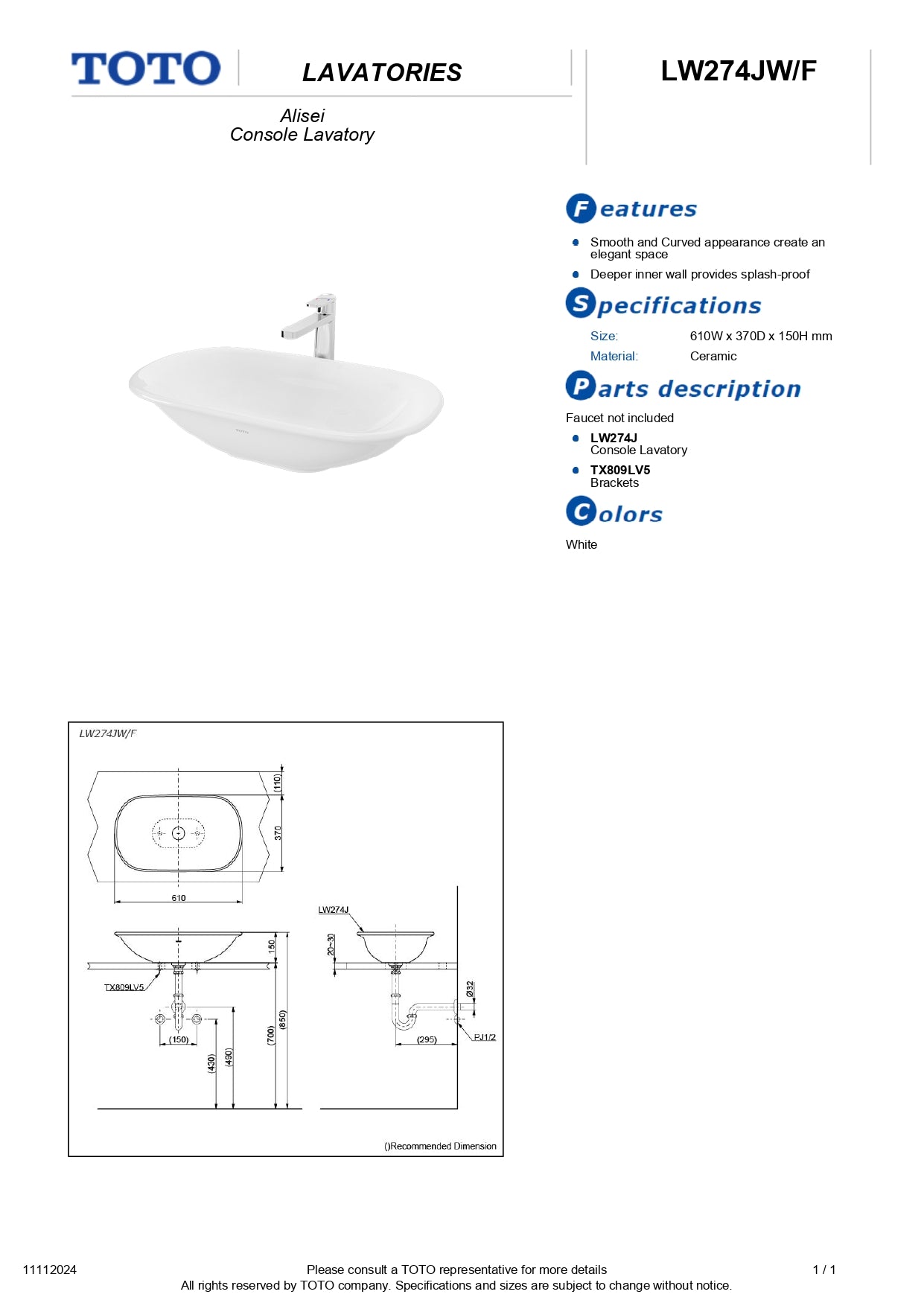 TOTO Alisei Vessel Counter Lavatory Basin LW274J - [Ready Stock]