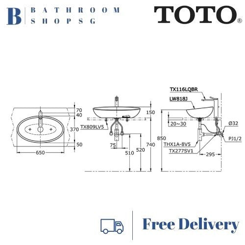 TOTO Le Muse Console Lavatory LW818J | Toto Counter Top Wash Basin