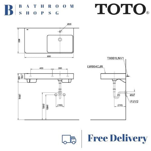 TOTO TOJA Wall Hung Lavatory Basin LW954CJRW