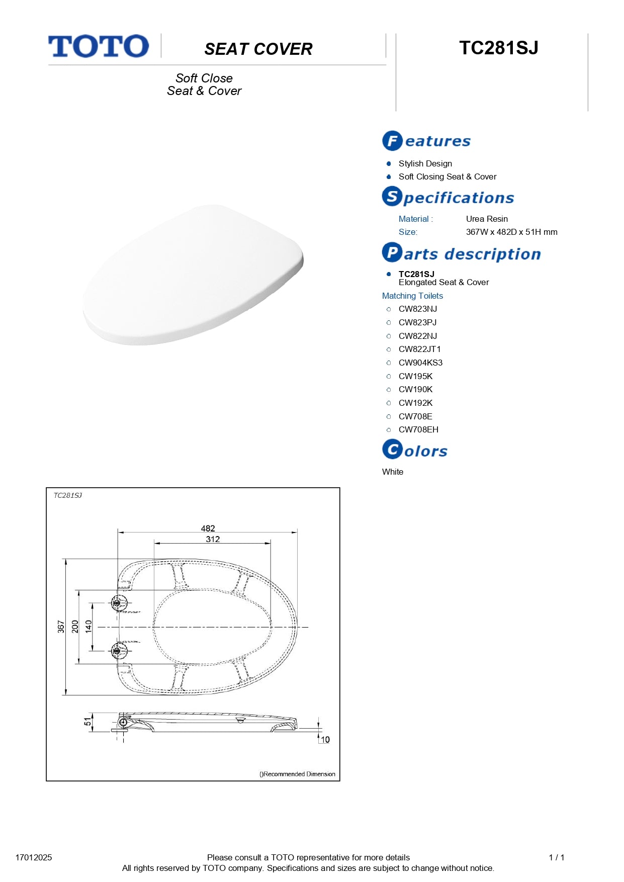 TOTO Duroplast Soft Closing Toilet Seat and Cover TC281SJ