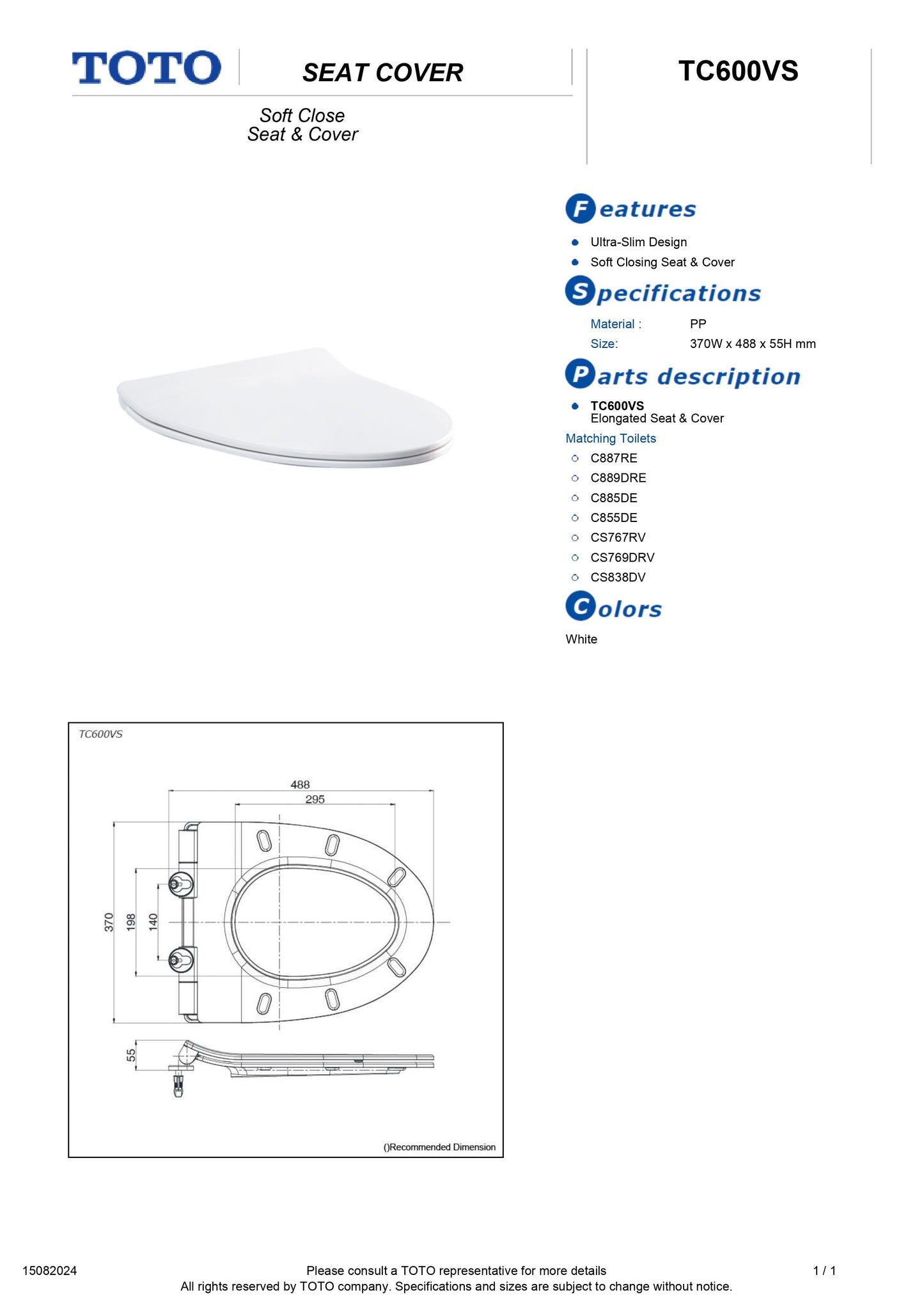 TOTO Soft Closing Toilet Seat and Cover TC600VS