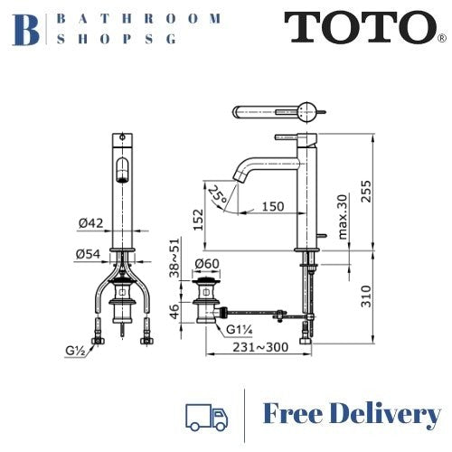 TOTO Ego || Extended Single Lever Lavatory Faucet with Pop up Waste TX116LESV4N | TOTO Basin Mixer