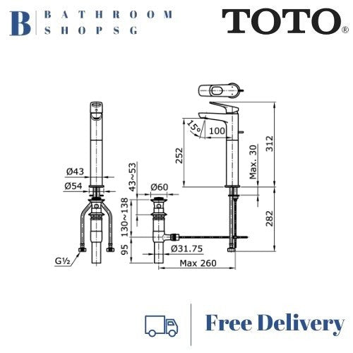 TOTO Rei Series Extended Single Lever Lavatory Faucet with Pop up Waste TX116LRRN | TOTO Basin Mixer