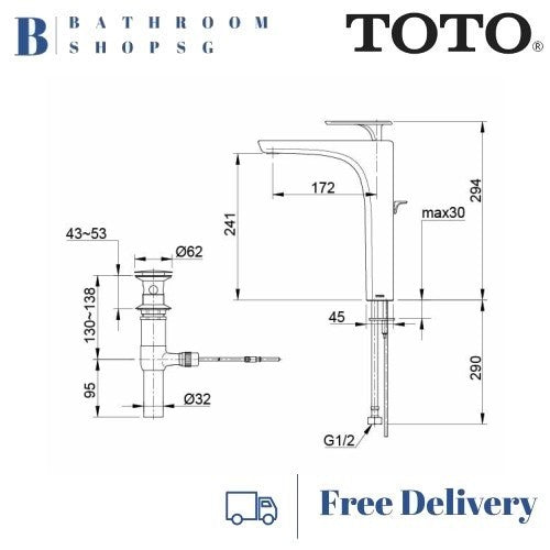 TOTO TOJA Extended Single Lever Lavatory Faucet with Pop up Waste TX116LT | TOTO Basin Mixer