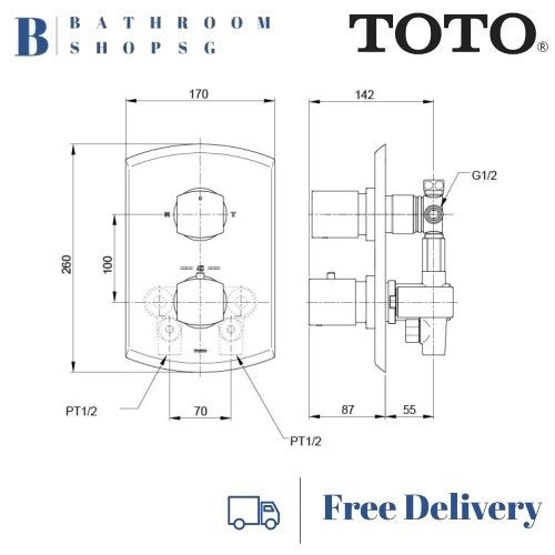TOTO Cocktail Series Concealed Thermostat Bath and Shower Set With Diverter TX473SKBR